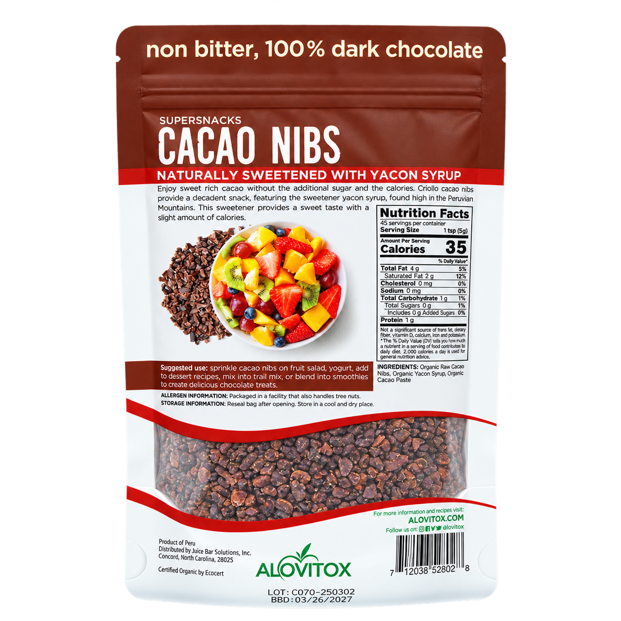 Cacao Nibs Sweetened with Yacon Syrup